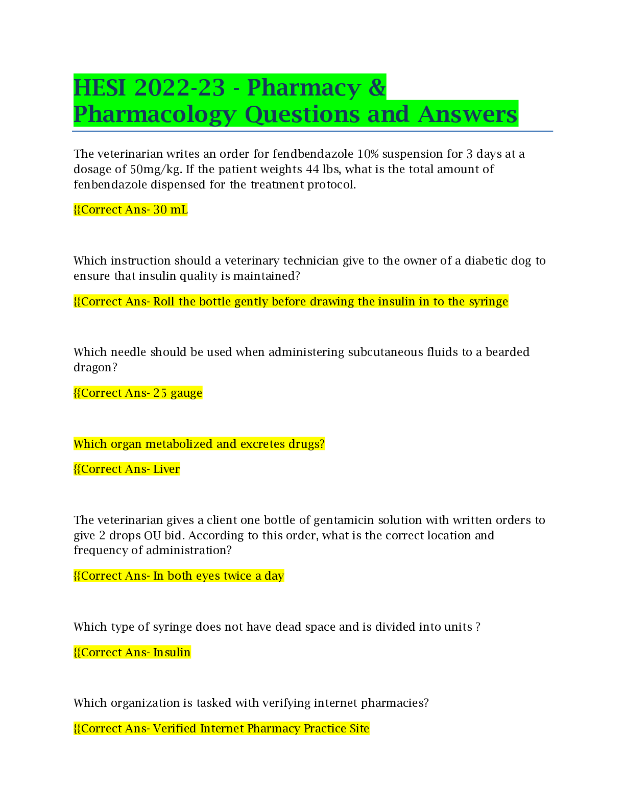 Preview of HESI 2022-23 - Pharmacy & Pharmacology Questions and Answers